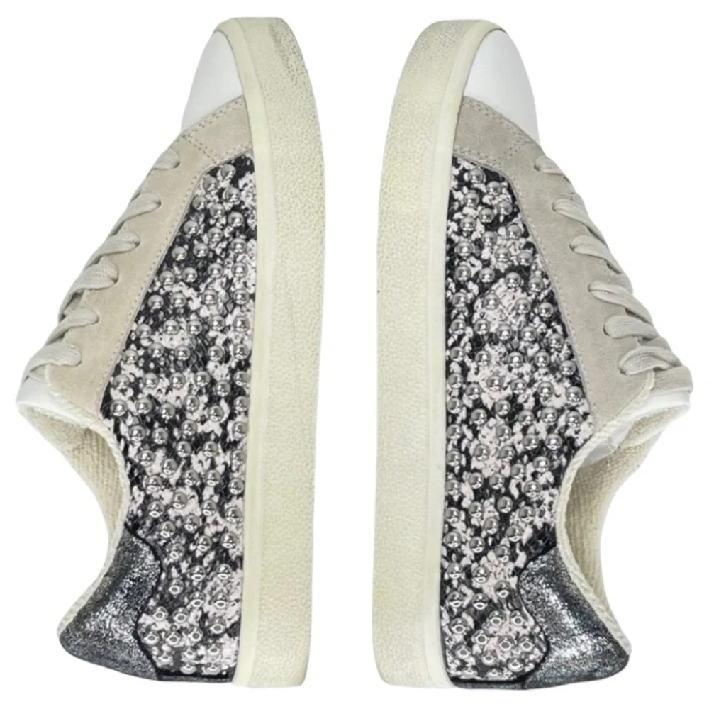 AQUA Womens Sneakers 10M Tess Grey Snake Print Leather Silver Studded